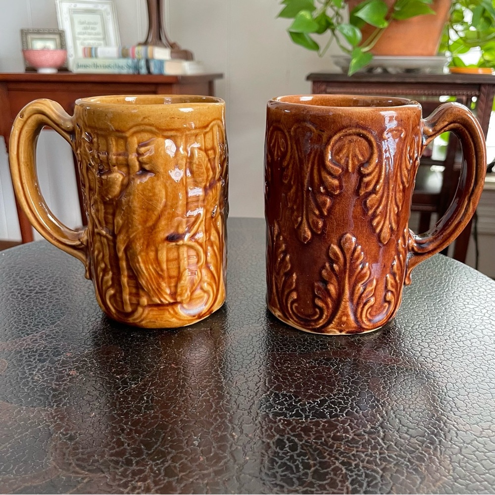 Pair of Vintage Yellow Ware Pottery Mugs - Bennington Pottery and Morton Pottery